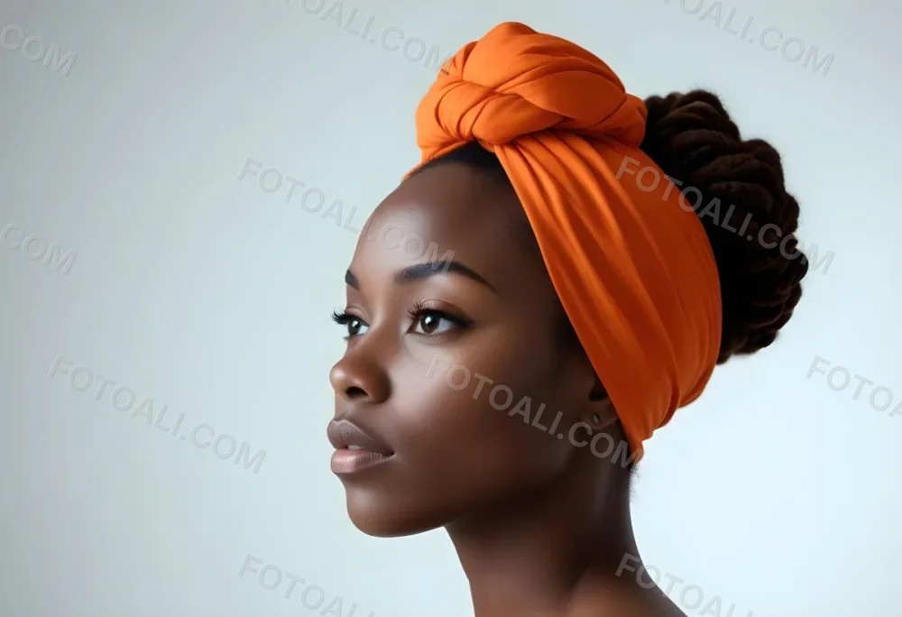 Black Woman 25 Years Old With Dark Skin And A Headwrap In Orange She Has A Smooth Complexion And Is Facing To The Side Against A Light Background 94 57d8