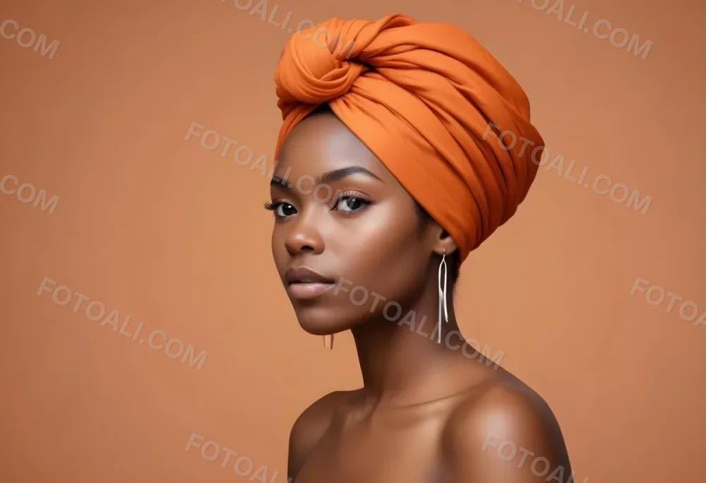 Black Woman 25 Years Old With Dark Skin And A Headwrap In Orange She Has A Smooth Complexion And Is Facing To The Side Against A Light Background 95 597b