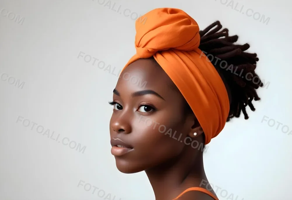Black Woman 25 Years Old With Dark Skin And A Headwrap In Orange She Has A Smooth Complexion And Is Facing To The Side Against A Light Background 97 7777