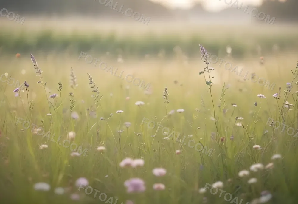 Blades Of Grass And Wildflowers In A Soft Blurred Field With A Hazy Dreamy Background 2 Fb52
