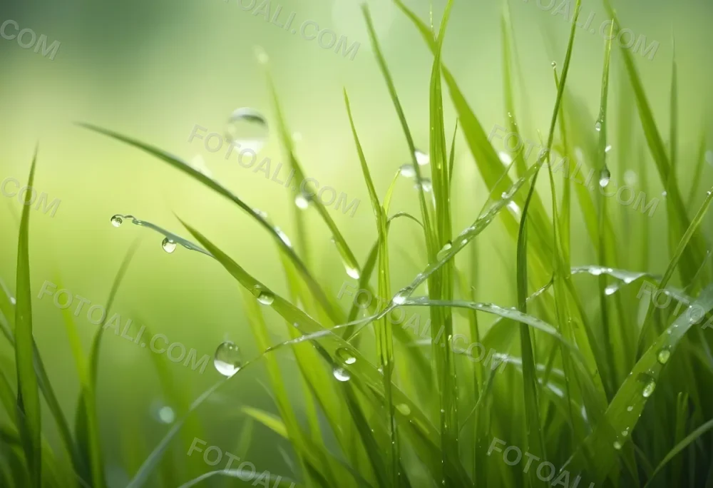 Blades Of Green Grass With Water Droplets Against A Blurred Green Background With Soft Lighting 12 B25c
