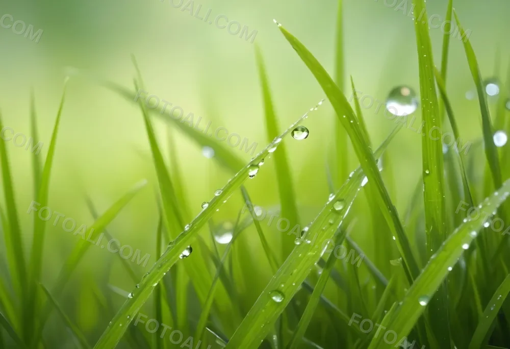 Blades Of Green Grass With Water Droplets Against A Blurred Green Background With Soft Lighting 2 B799