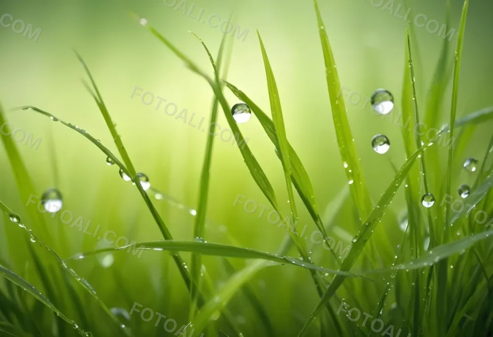 Blades Of Green Grass With Water Droplets Against A Blurred Green Background With Soft Lighting 8 E060