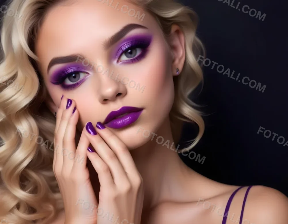 Blonde Woman In Her 20s With Light Skin And Wavy Hair Wearing Bold Purple Eye Makeup And Glossy Purple Nail Polish Posing With Her Hands Near Her Face Against A Dark Background 1 84b0