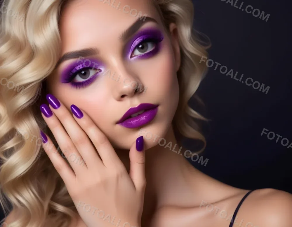 Blonde Woman In Her 20s With Light Skin And Wavy Hair Wearing Bold Purple Eye Makeup And Glossy Purple Nail Polish Posing With Her Hands Near Her Face Against A Dark Background 2 0b9f