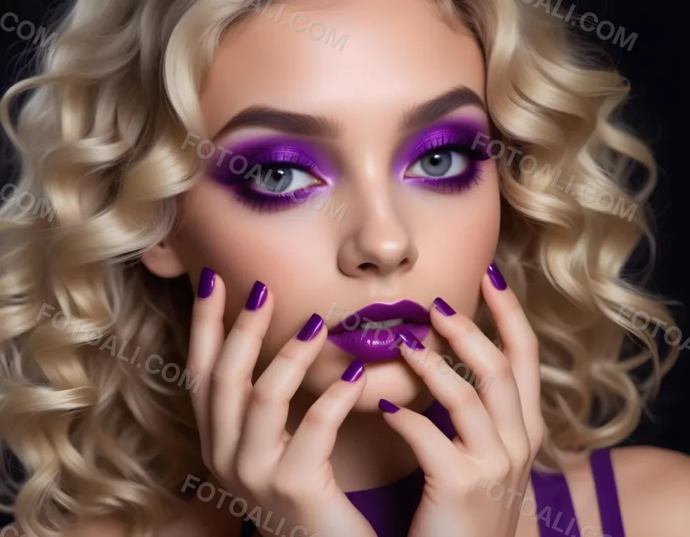 Blonde Woman In Her 20s With Light Skin And Wavy Hair Wearing Bold Purple Eye Makeup And Glossy Purple Nail Polish Posing With Her Hands Near Her Face Against A Dark Background 3 D2d6