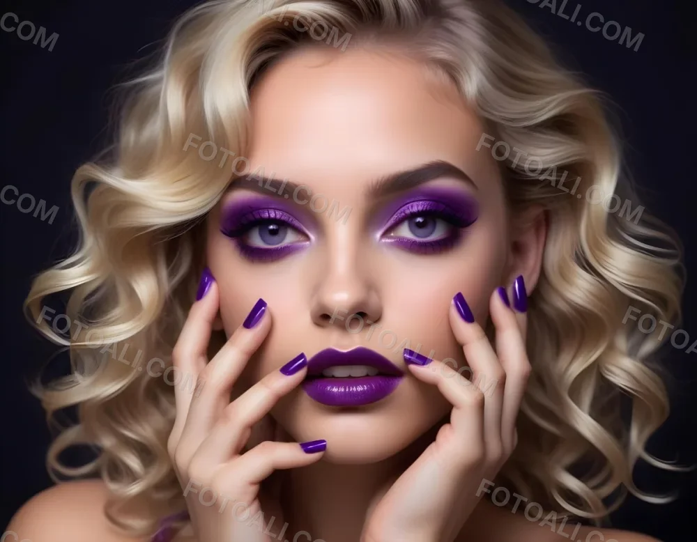 Blonde Woman In Her 20s With Light Skin And Wavy Hair Wearing Bold Purple Eye Makeup And Glossy Purple Nail Polish Posing With Her Hands Near Her Face Against A Dark Background 4 99dd