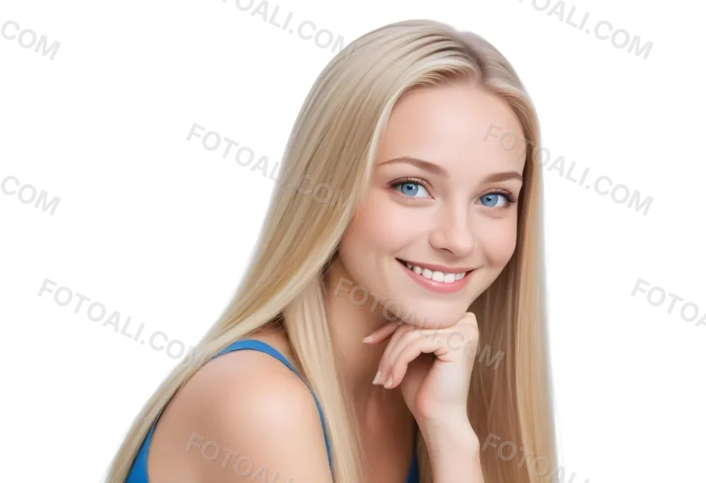 Blonde Woman With Long Straight Hair Light Skin And Blue Eyes Smiling While Resting Her Chin On Her Hand The Background Is Plain White 10 5e77
