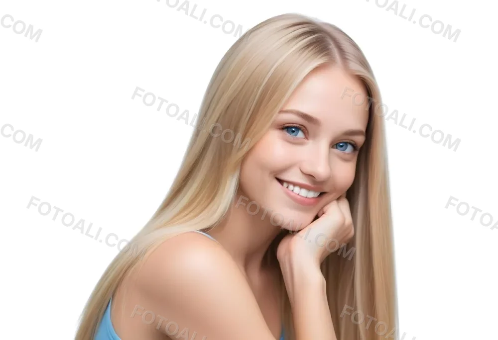 Blonde Woman With Long Straight Hair Light Skin And Blue Eyes Smiling While Resting Her Chin On Her Hand The Background Is Plain White 3 10d8