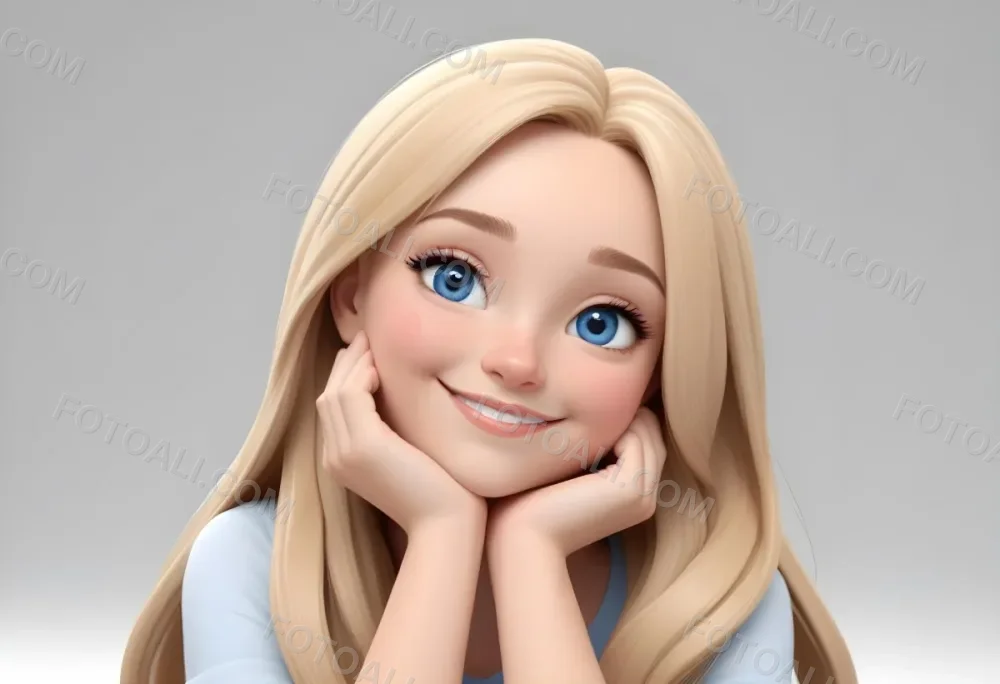 Blonde Woman With Long Straight Hair Light Skin And Blue Eyes Smiling While Resting Her Chin On Her Hand The Background Is Plain White 7 B71c