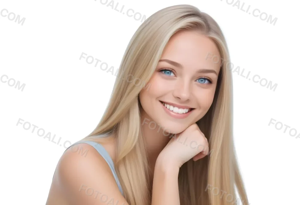 Blonde Woman With Long Straight Hair Light Skin And Blue Eyes Smiling While Resting Her Chin On Her Hand The Background Is Plain White 9 E2e1