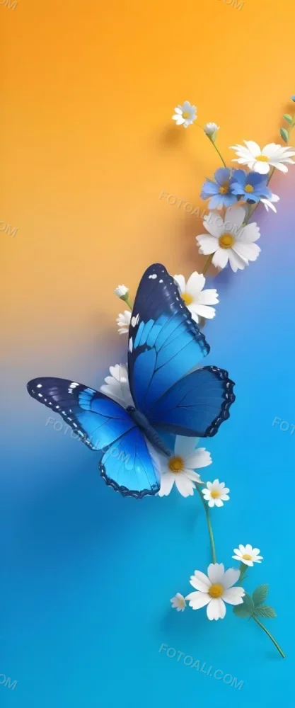Blue Butterfly With White Flowers Against A Colorful Gradient Background 10 2503
