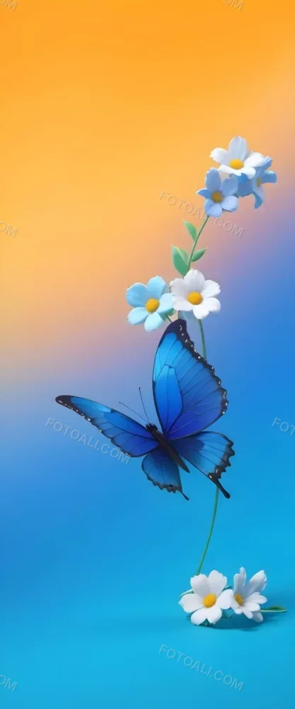 Blue Butterfly With White Flowers Against A Colorful Gradient Background 12 Ec81