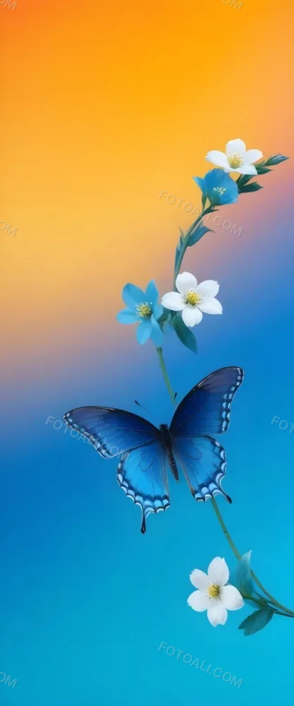 Blue Butterfly With White Flowers Against A Colorful Gradient Background 3 E9d8
