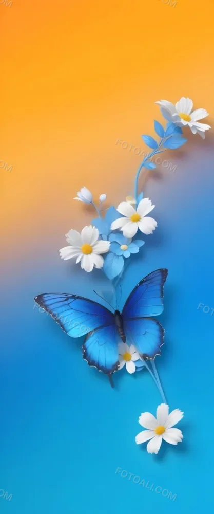 Blue Butterfly With White Flowers Against A Colorful Gradient Background 8 B28a