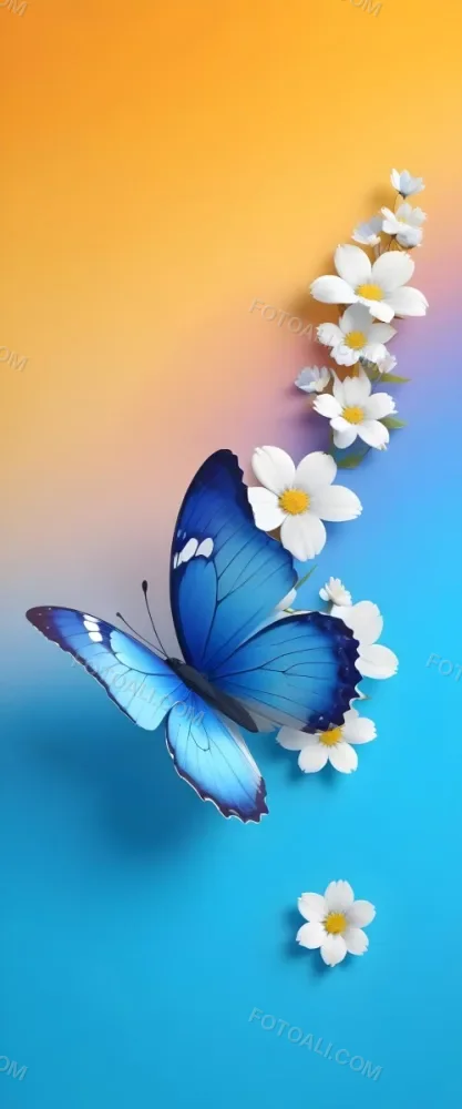 Blue Butterfly With White Flowers Against A Colorful Gradient Background 9 B26d