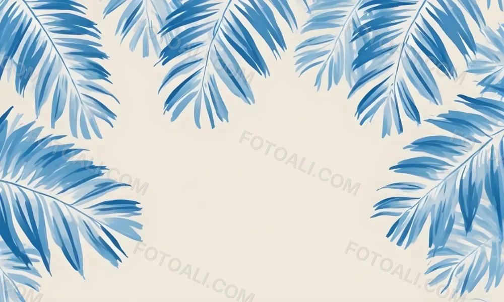 Blue Palm Leaves On The Top And Bottom Corners Of A Beige Background Tropical Summer Vacation Nature Minimalist 11 C393
