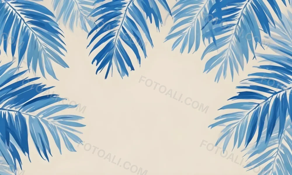 Blue Palm Leaves On The Top And Bottom Corners Of A Beige Background Tropical Summer Vacation Nature Minimalist 24 6e77