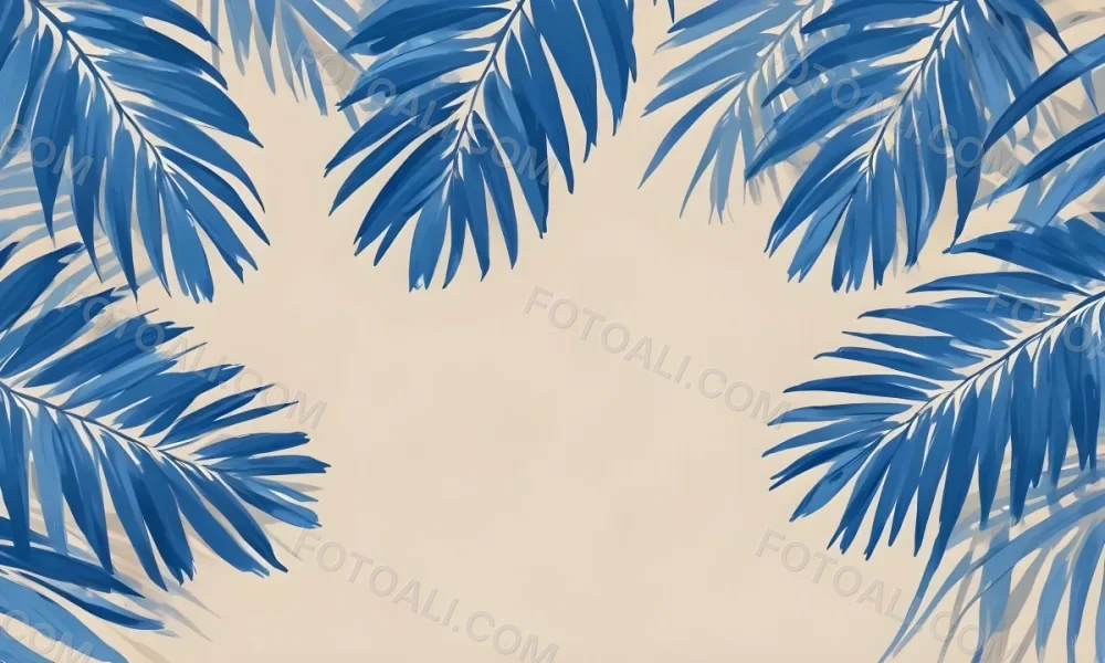 Blue Palm Leaves On The Top And Bottom Corners Of A Beige Background Tropical Summer Vacation Nature Minimalist 27 490b