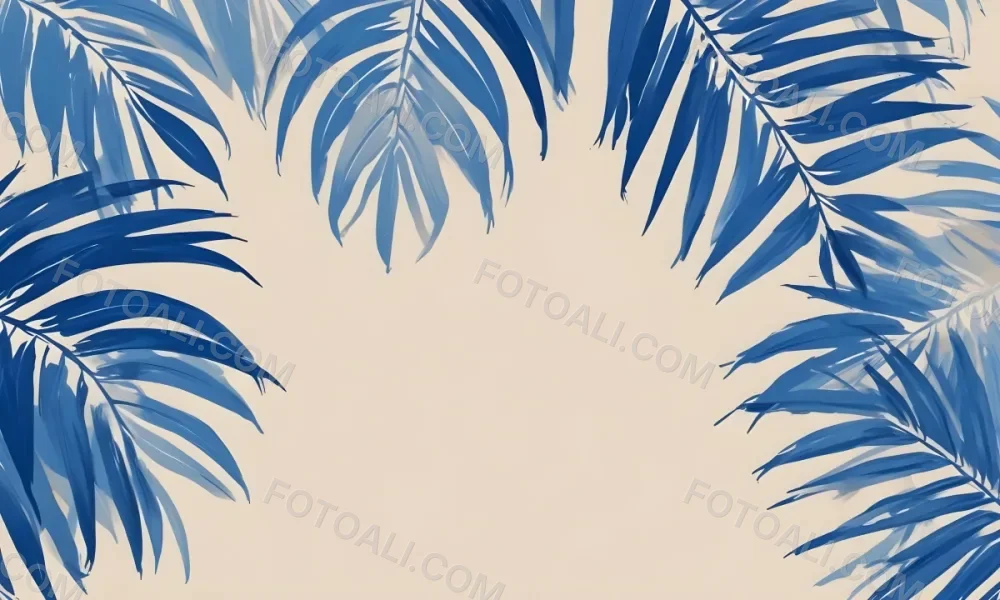 Blue Palm Leaves On The Top And Bottom Corners Of A Beige Background Tropical Summer Vacation Nature Minimalist 34 982e