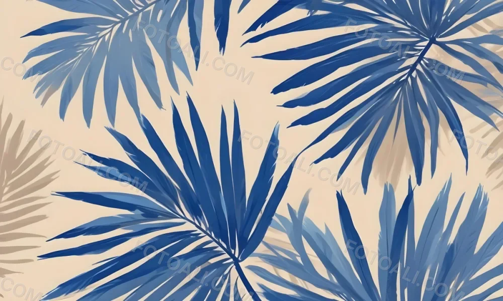 Blue Palm Leaves On The Top And Bottom Corners Of A Beige Background Tropical Summer Vacation Nature Minimalist 6 B323
