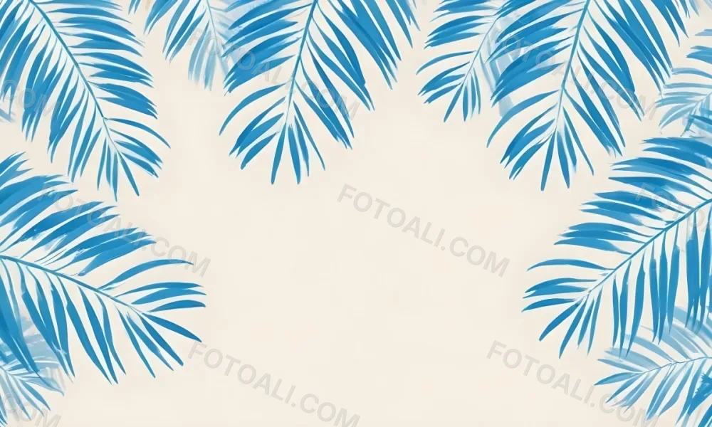 Blue Palm Leaves On The Top And Bottom Corners Of A Beige Background Tropical Summer Vacation Nature Minimalist 7 Bc55