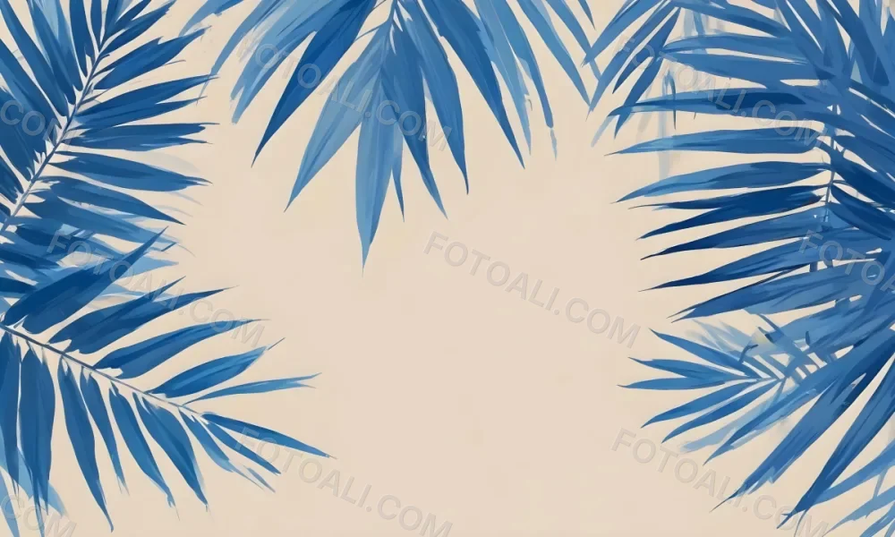 Blue Palm Leaves On The Top And Bottom Corners Of A Beige Background Tropical Summer Vacation Nature Minimalist 8 5cfb