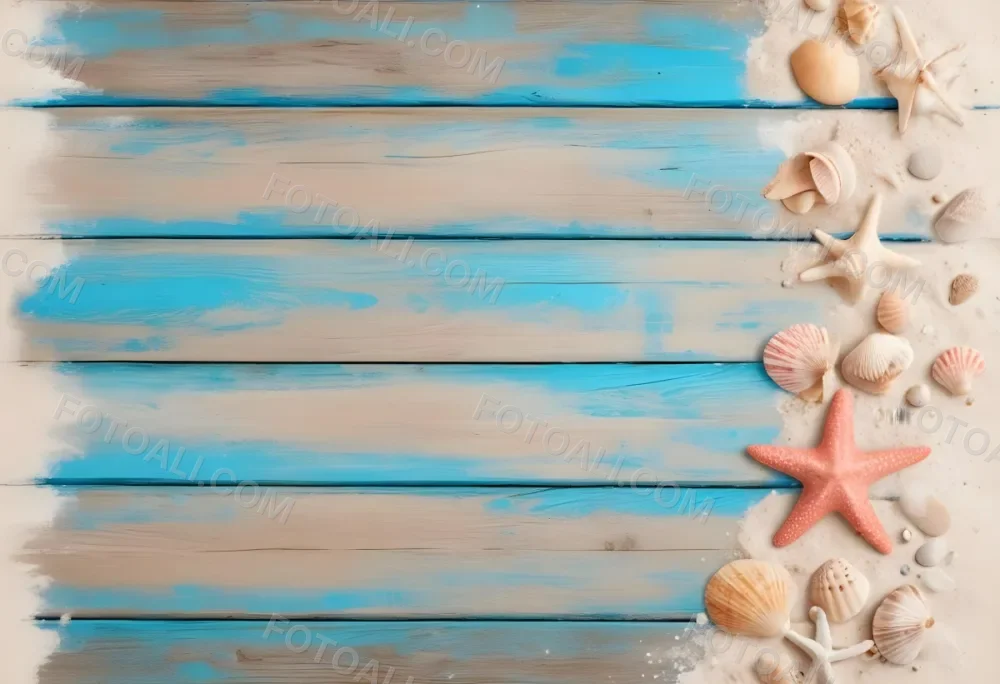 Blue Wooden Planks With Sand Seashells And A Starfish On The Right Side Creating A Beach Themed Background With A Rustic And Coastal Vibe 12 C946