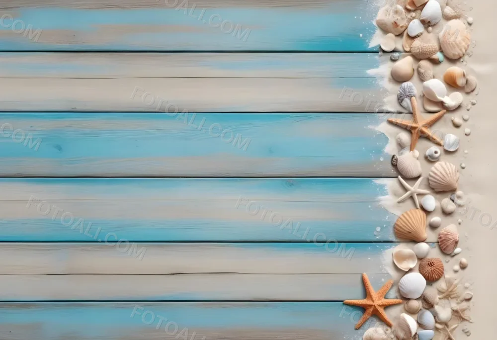 Blue Wooden Planks With Sand Seashells And A Starfish On The Right Side Creating A Beach Themed Background With A Rustic And Coastal Vibe 16 2bb5