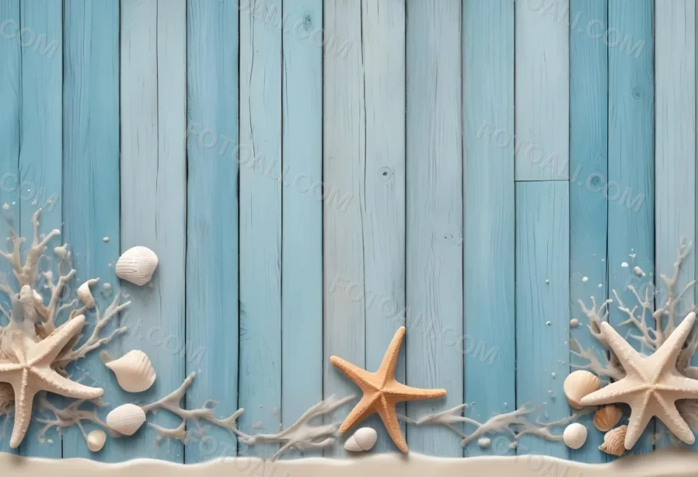 Blue Wooden Planks With Sand Seashells And A Starfish On The Right Side Creating A Beach Themed Background With A Rustic And Coastal Vibe 23 3f9d