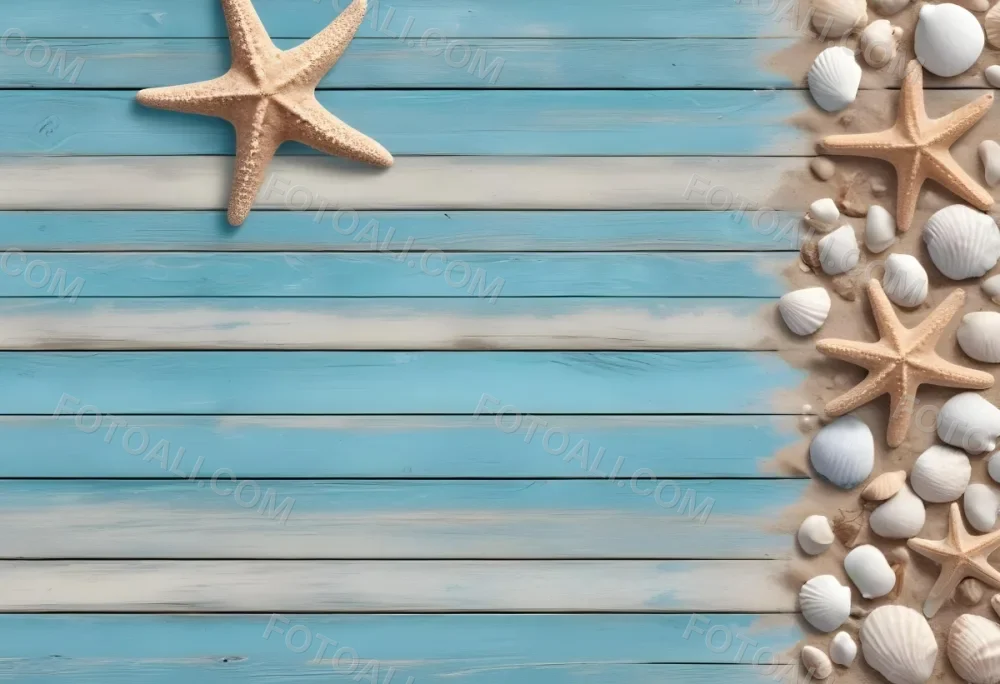 Blue Wooden Planks With Sand Seashells And A Starfish On The Right Side Creating A Beach Themed Background With A Rustic And Coastal Vibe 29 1e1c
