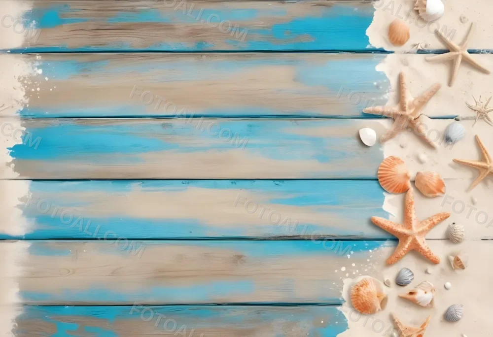 Blue Wooden Planks With Sand Seashells And A Starfish On The Right Side Creating A Beach Themed Background With A Rustic And Coastal Vibe 32 A973