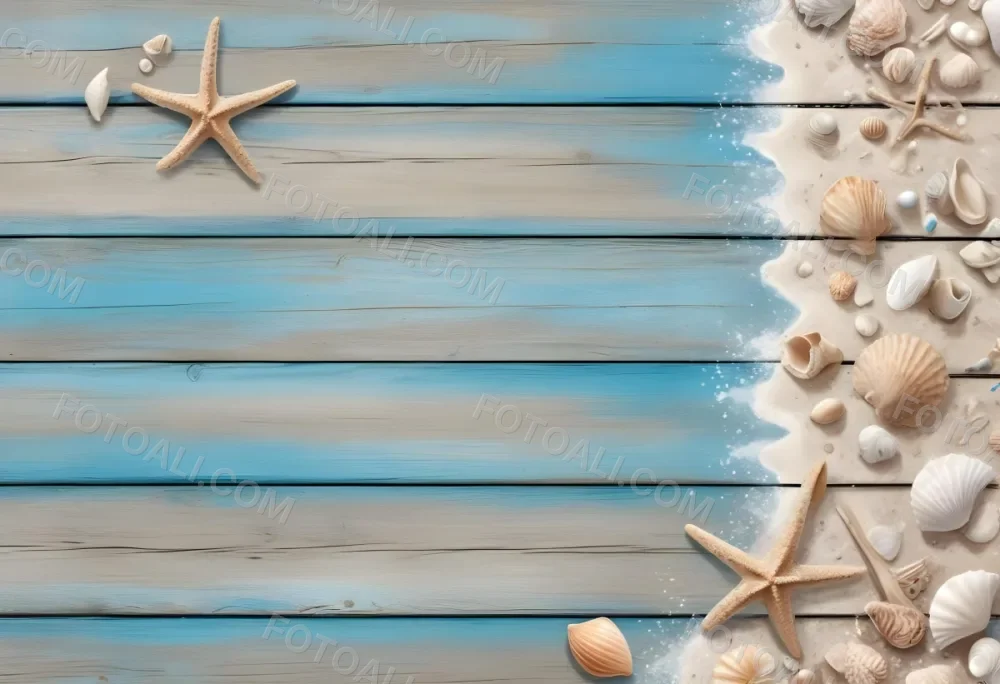 Blue Wooden Planks With Sand Seashells And A Starfish On The Right Side Creating A Beach Themed Background With A Rustic And Coastal Vibe 35 F8bd