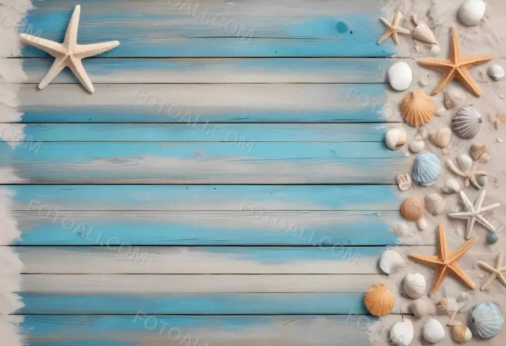 Blue Wooden Planks With Sand Seashells And A Starfish On The Right Side Creating A Beach Themed Background With A Rustic And Coastal Vibe 36 F737