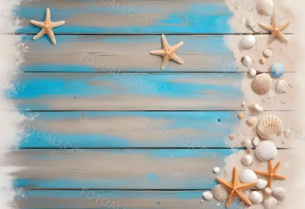 Blue Wooden Planks With Sand Seashells And A Starfish On The Right Side Creating A Beach Themed Background With A Rustic And Coastal Vibe 39 0c15