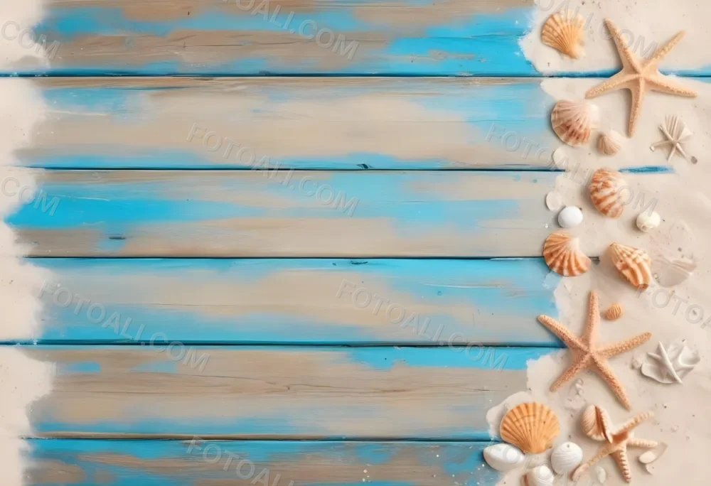 Blue Wooden Planks With Sand Seashells And A Starfish On The Right Side Creating A Beach Themed Background With A Rustic And Coastal Vibe 41 D8ae