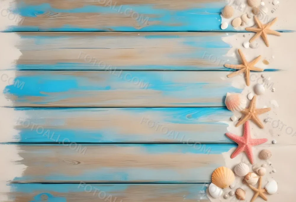 Blue Wooden Planks With Sand Seashells And A Starfish On The Right Side Creating A Beach Themed Background With A Rustic And Coastal Vibe 6 Fb92