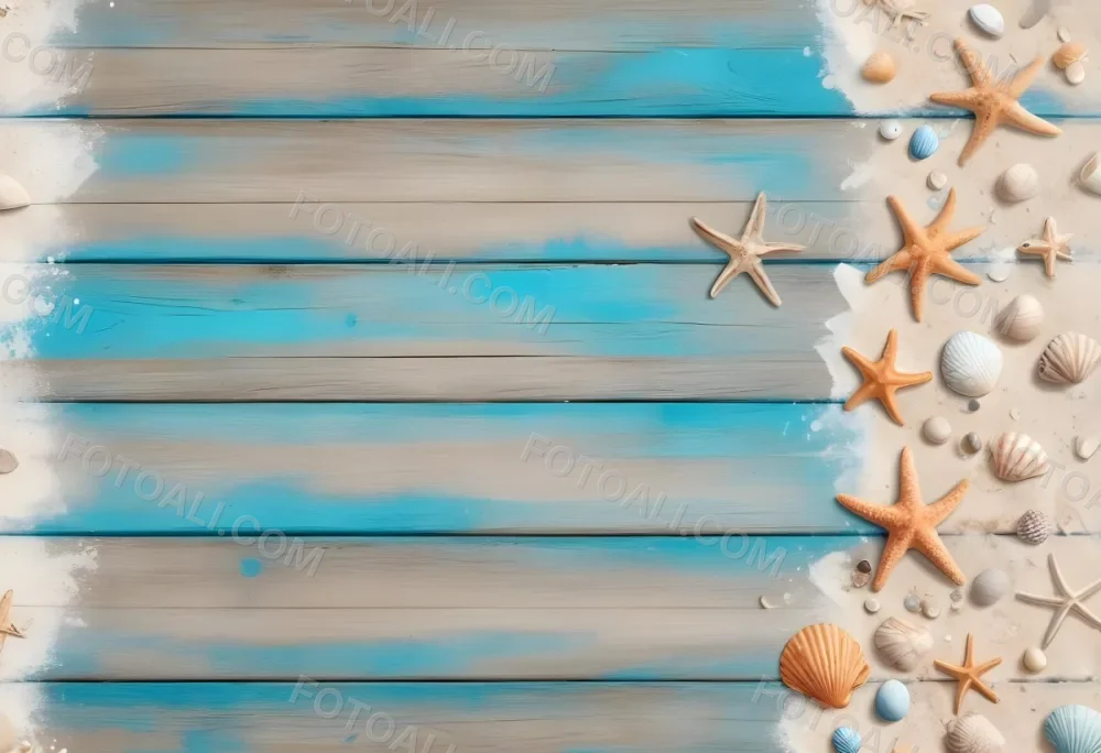 Blue Wooden Planks With Sand Seashells And A Starfish On The Right Side Creating A Beach Themed Background With A Rustic And Coastal Vibe 7 59c5