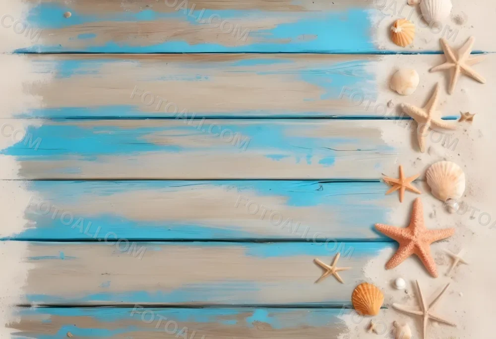 Blue Wooden Planks With Sand Seashells And A Starfish On The Right Side Creating A Beach Themed Background With A Rustic And Coastal Vibe 8 Eafc