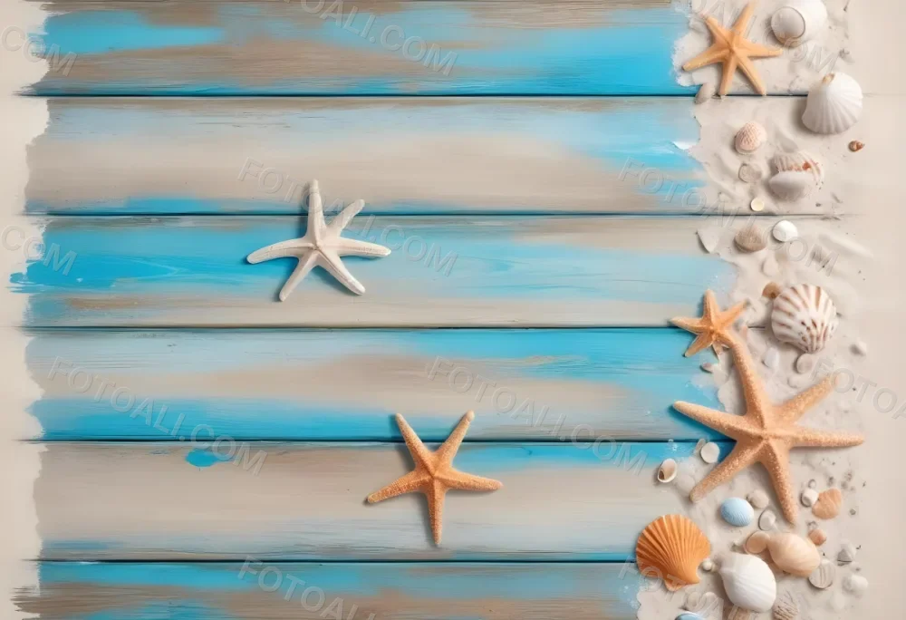 Blue Wooden Planks With Sand Seashells And A Starfish On The Right Side Creating A Beach Themed Background With A Rustic And Coastal Vibe 9 2208