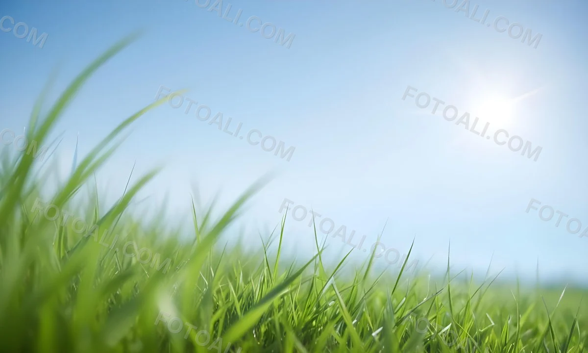 Blurred Green Grass Field With A Clear Blue Sky In The Background 14 0380
