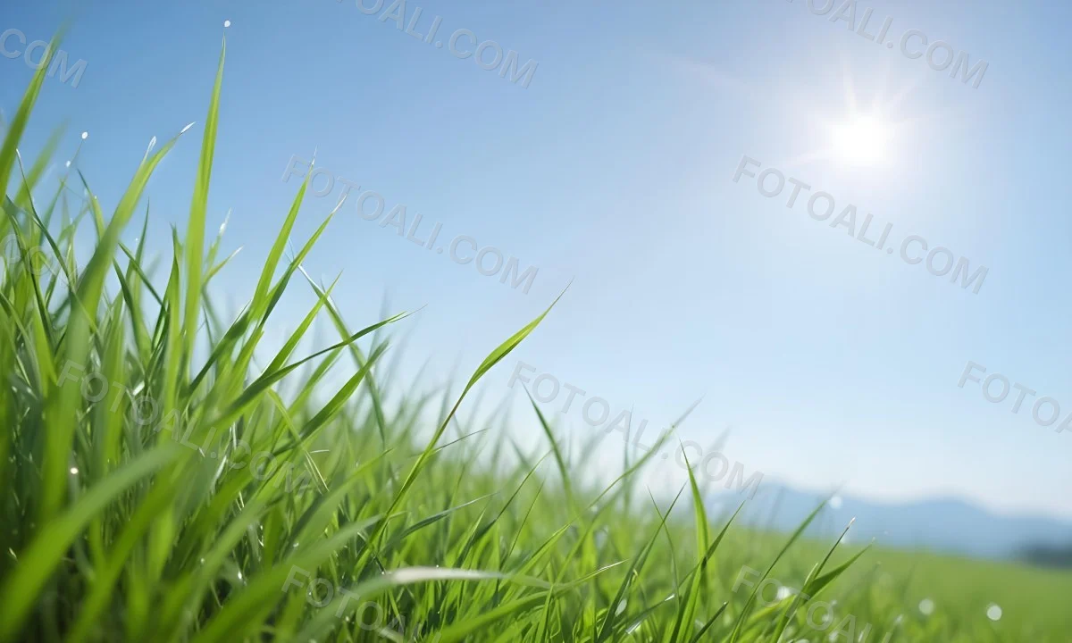 Blurred Green Grass Field With A Clear Blue Sky In The Background 6 257b
