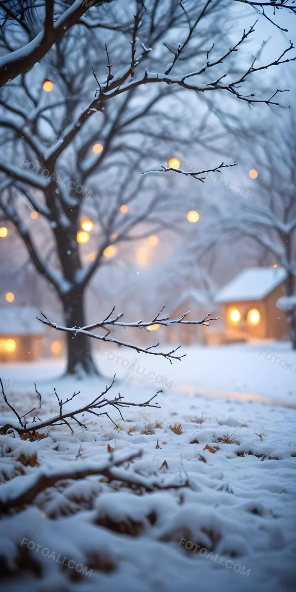Blurred Winter Landscape With Falling Snow Bare Tree Branches And Warm Bokeh Lights In The Background 1 7b98