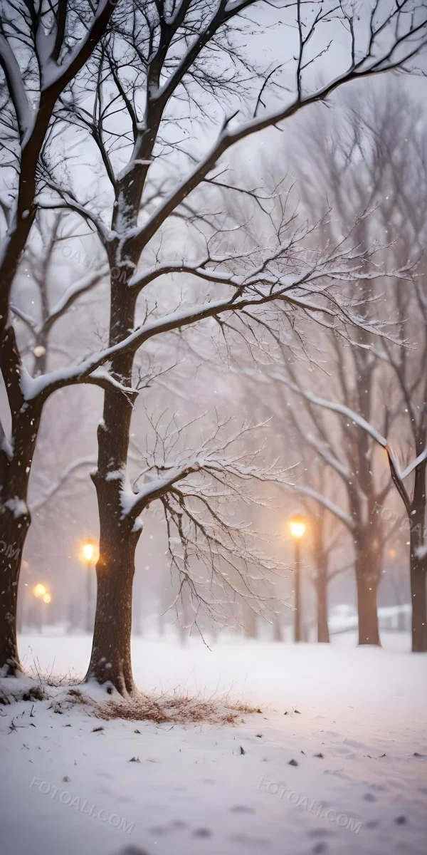 Blurred Winter Landscape With Falling Snow Bare Tree Branches And Warm Bokeh Lights In The Background 10 5a65