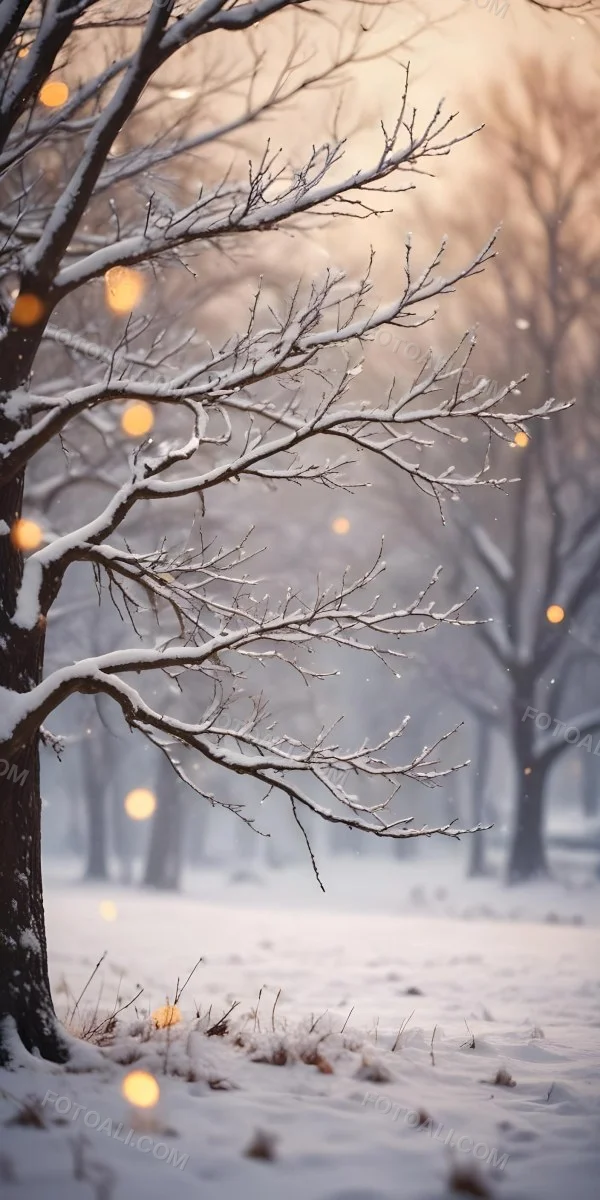 Blurred Winter Landscape With Falling Snow Bare Tree Branches And Warm Bokeh Lights In The Background 11 23e9