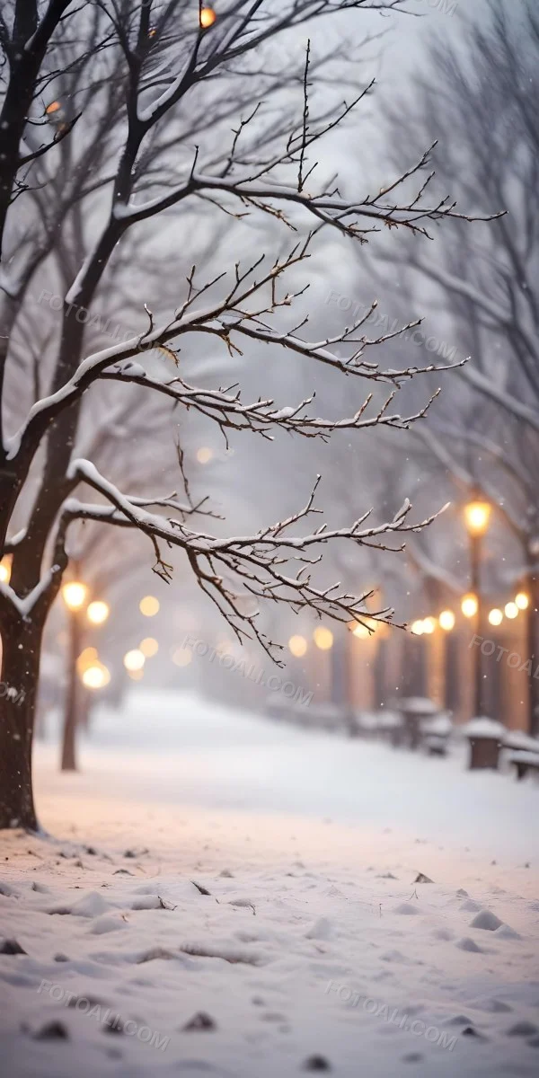 Blurred Winter Landscape With Falling Snow Bare Tree Branches And Warm Bokeh Lights In The Background 12 3f54