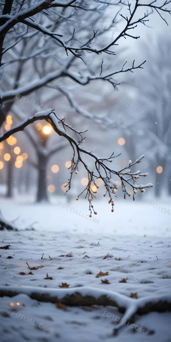 Blurred Winter Landscape With Falling Snow Bare Tree Branches And Warm Bokeh Lights In The Background 15 61ec