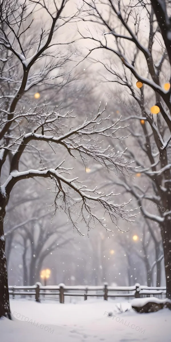 Blurred Winter Landscape With Falling Snow Bare Tree Branches And Warm Bokeh Lights In The Background 16 1911