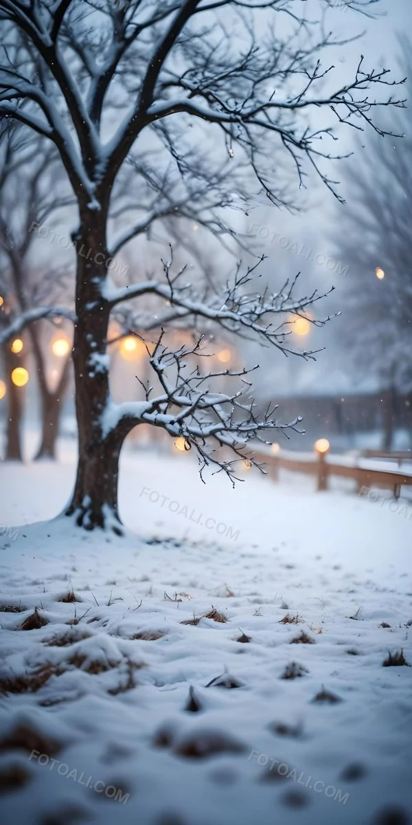 Blurred Winter Landscape With Falling Snow Bare Tree Branches And Warm Bokeh Lights In The Background 18 0f15