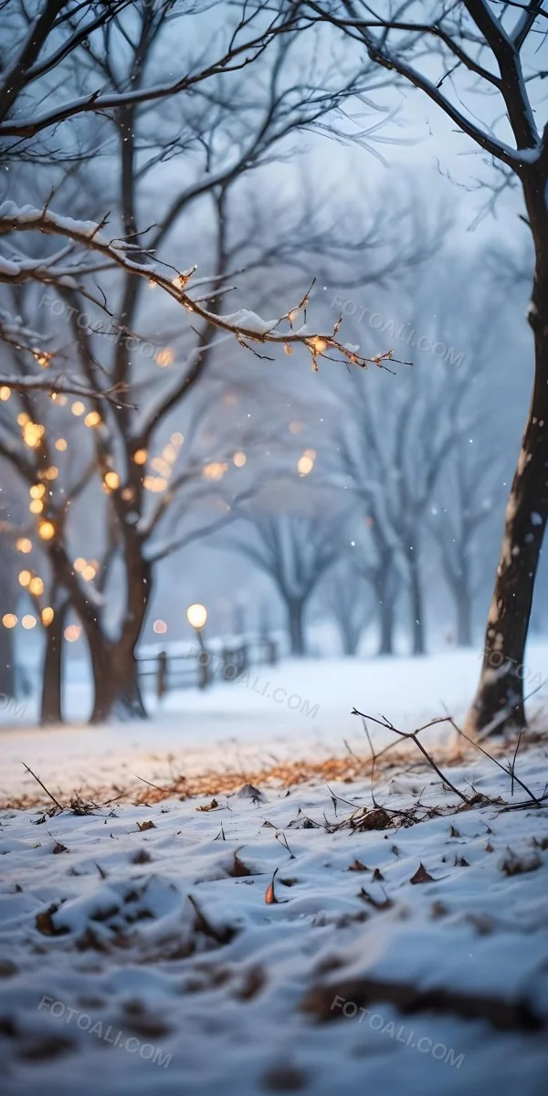 Blurred Winter Landscape With Falling Snow Bare Tree Branches And Warm Bokeh Lights In The Background 19 1cbc